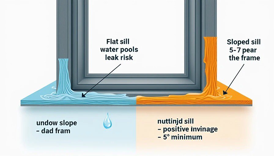 Cross‑section illustration – flat sill with pooled water vs. sloped sill with 5‑degree positive drainage away from frame
