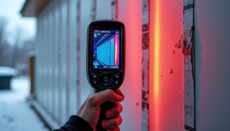 Split view – thermal camera screen showing dark streaks at ZIP panel seams (moisture) vs. naked‑eye view of intact tape and clean panels