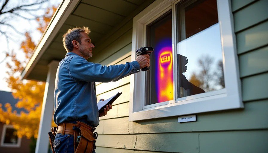 General contractor on ladder using thermal imaging camera to inspect a window three years after installation – tracking study