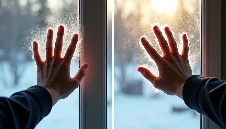Split comparison – double‑pane window with condensation and frost on sill vs. triple‑pane window with clear dry glass