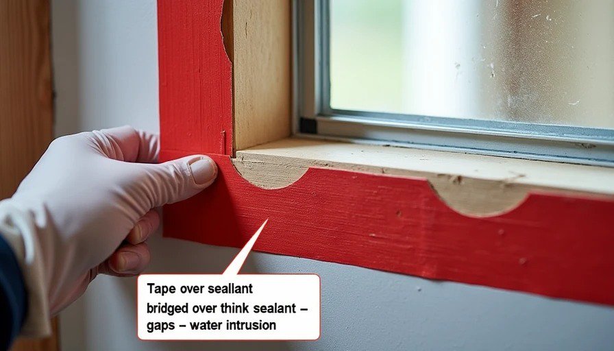 Window rough opening with Tyvek peeled back – red tape at sill shows correct sequence but gaps where sealant prevented full adhesion
