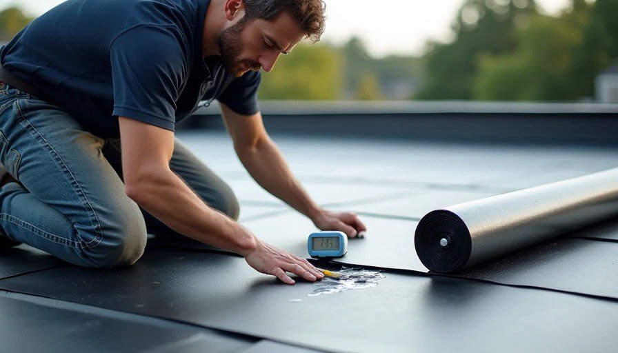 Roofer kneeling on EPDM membrane applying primer to seam edge with brush, timer set to 15 minutes – correct procedure