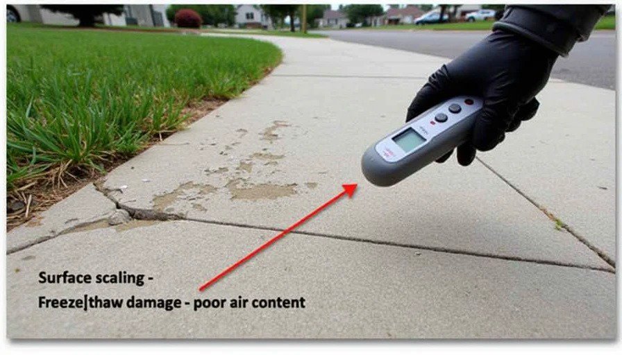 Concrete sidewalk with visible surface scaling, fine cracking, and soft rounded edge – freeze‑thaw damage in the field