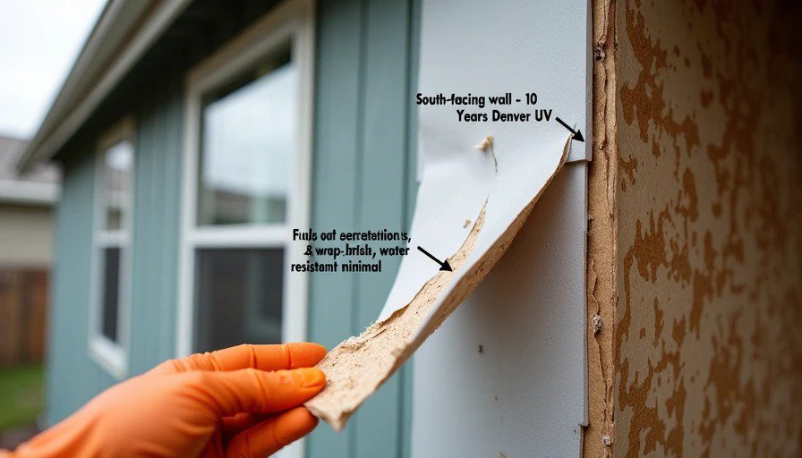 Cut‑open exterior wall showing brittle, papery Tyvek HomeWrap with pinhole cracks – 10 years Denver UV, water resistance minimal