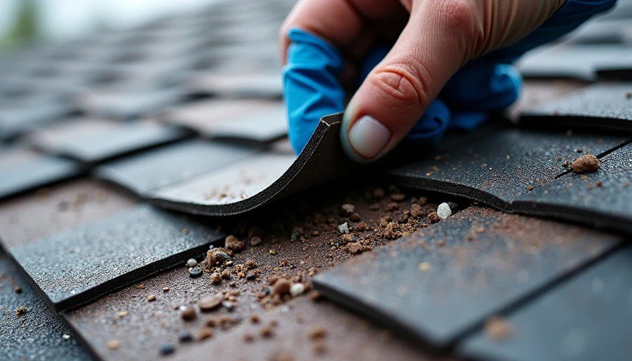 Macro close‑up of failing roof with severe curling, moisture staining, and granule loss – June 2023 hot install, active leaks