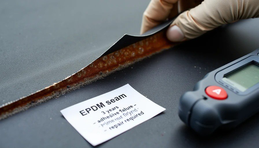 Close‑up of failing EPDM roof seam with peeling edge, brown adhesive discoloration, and air bubbles – 3‑year failure