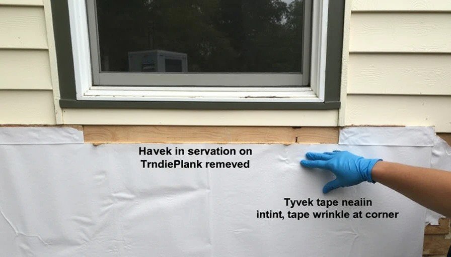 Exterior wall with HardiePlank siding removed, Tyvek HomeWrap visible, tape wrinkle at bottom corner Realistic photo of an exterior wall with HardiePlank siding removed. A section of Tyvek HomeWrap is visible covering OSB sheathing. Tyvek tape at a horizontal seam is still adhered, but a small wrinkle is visible at the bottom corner. A gloved hand points to the wrinkle.