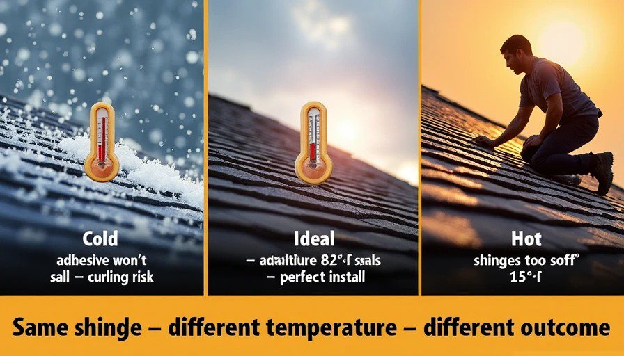 Split comparison of roof installation temperatures – cold (35°F, snow), ideal (82°F, sunny), and hot (145°F, heat shimmer) – same shingle, different outcome