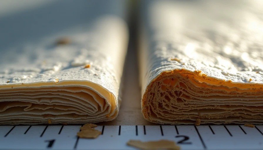 Macro comparison – new Tyvek with intact fibers vs. 10‑year south‑facing degraded Tyvek with brittle fibers and pinholes