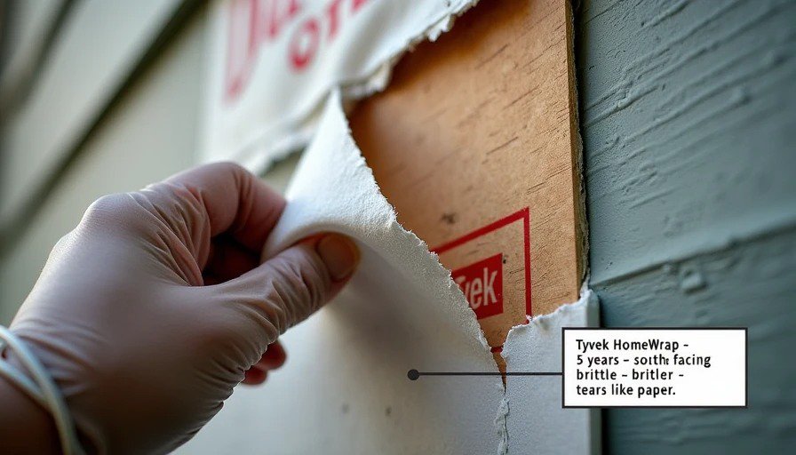 Gloved hand peeling back Tyvek HomeWrap on exterior wall – wrap tears like wet paper, fibrous and jagged – 5 years, south‑facing
