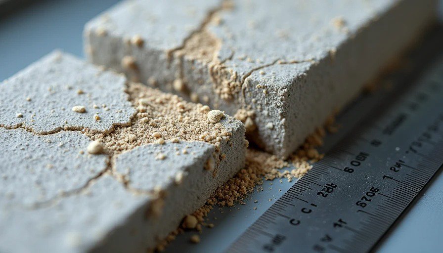 Macro close‑up of concrete masonry sample showing surface scaling, fine map‑cracking, and sandy texture from freeze‑thaw damage