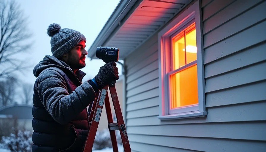 Contractor on ladder with thermal camera inspecting south‑facing window – 4 years after installation, checking his own work