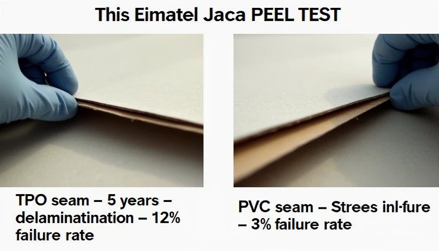 Close‑up peel test – TPO seam partially delaminating (12% failure) vs. PVC seam fully intact (3% failure)