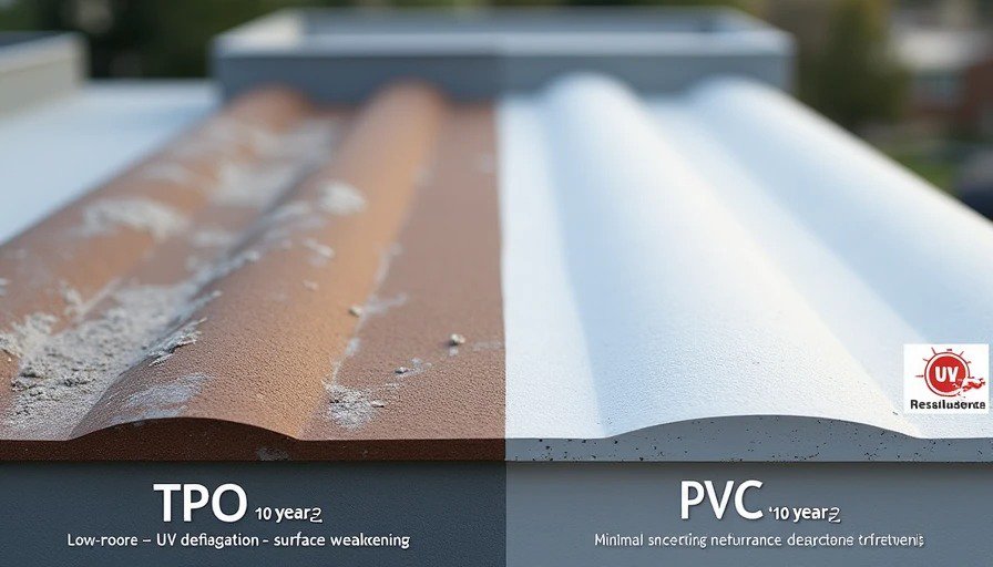 Split comparison – TPO membrane with chalking and cracking after 10 years vs. PVC membrane with minimal degradation after 10 years